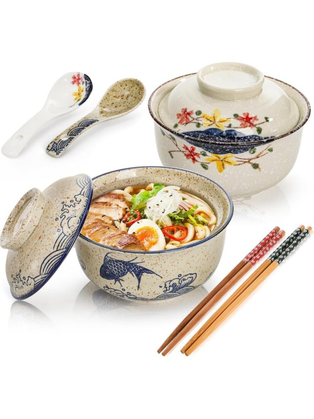 Large 25 Oz Hand-Painted Ceramic Ramen Bowls Set with Lid, Spoon & Chopsticks